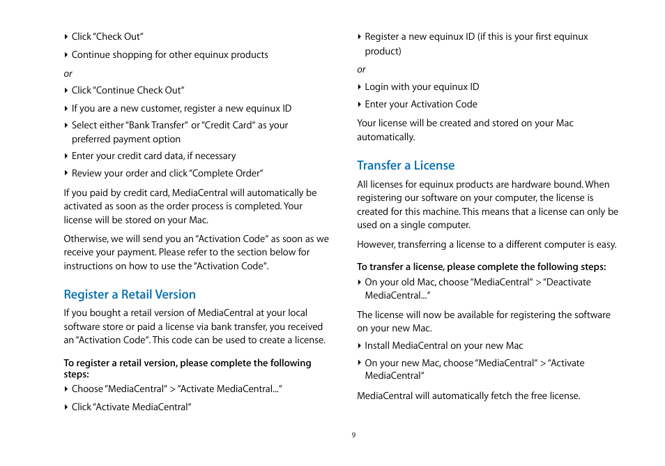 Register a retail version, Transfer a license | equinux MediaCentral 2.8.10 User Manual | Page 9 / 46