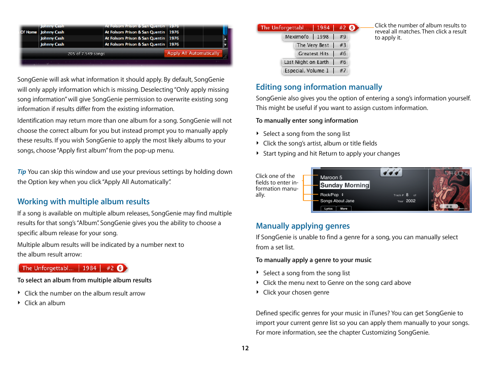 Working with multiple album results, Editing song information manually, Manually applying genres | equinux SongGenie 2.2.7 User Manual | Page 12 / 24