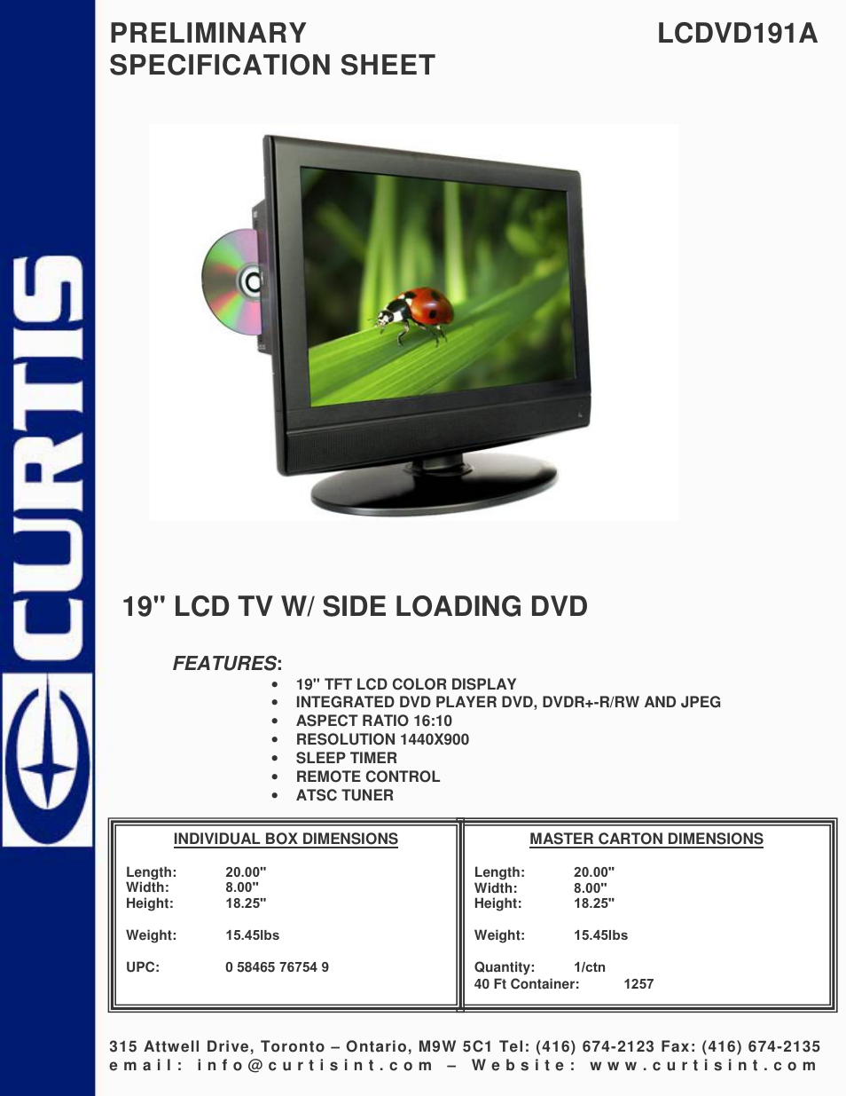 Curtis LCDVD191A User Manual | 1 page