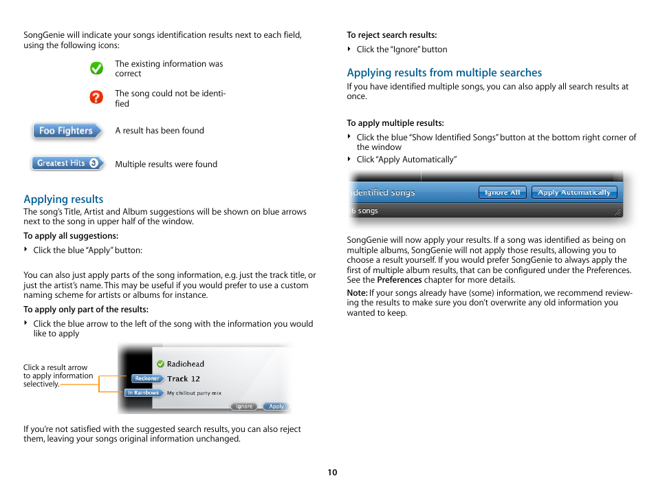 Applying results, Applying results from multiple searches | equinux SongGenie 1.2.1 User Manual | Page 10 / 15
