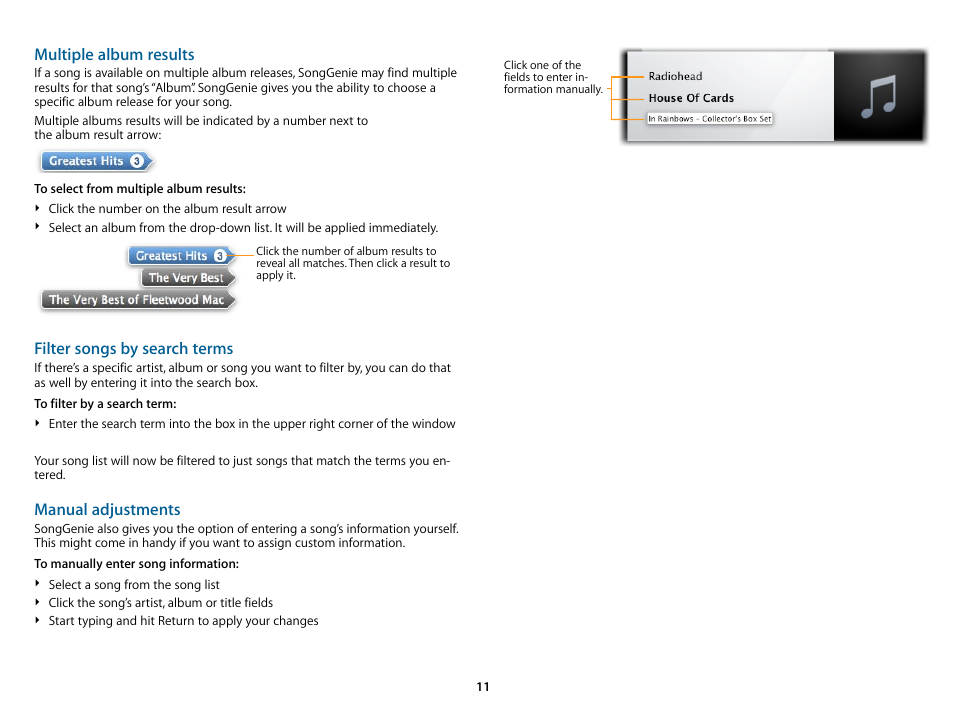 Multiple album results, Filter songs by search terms, Manual adjustments | equinux SongGenie 1.2.1 User Manual | Page 11 / 15