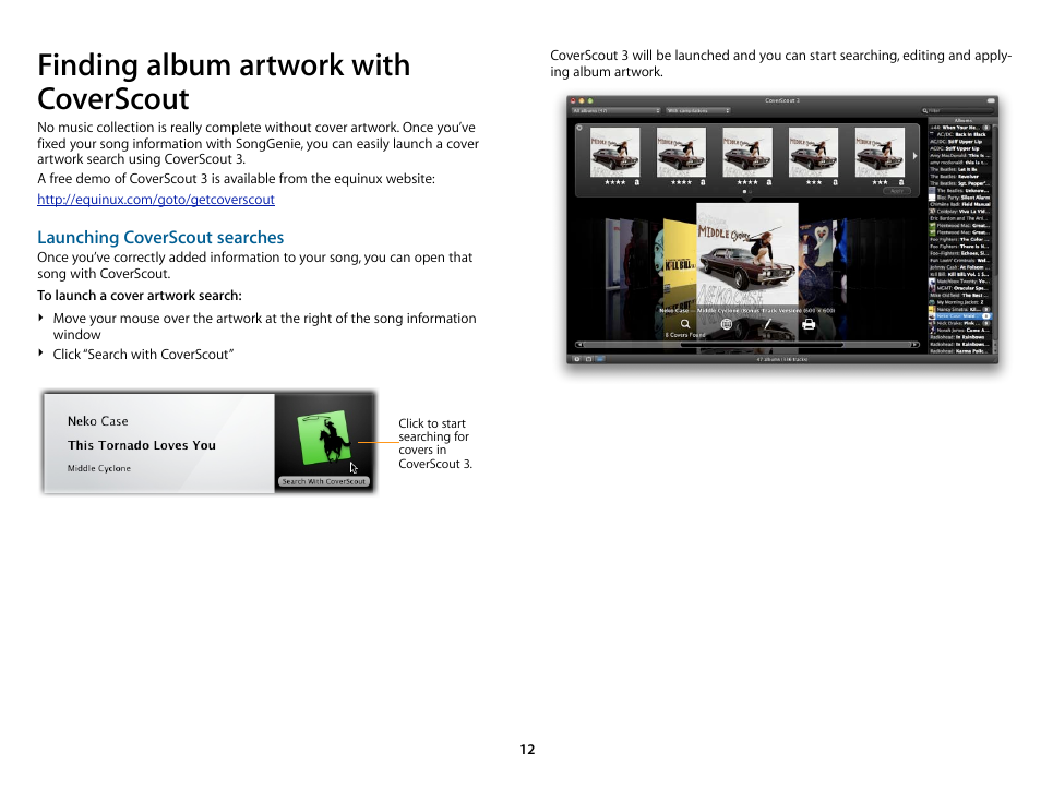 Finding album artwork with coverscout, Launching coverscout searches | equinux SongGenie 1.2.1 User Manual | Page 12 / 15