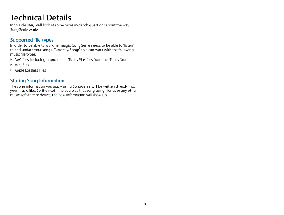 Technical details, Supported ﬁle types, Storing song information | equinux SongGenie 1.2.1 User Manual | Page 13 / 15