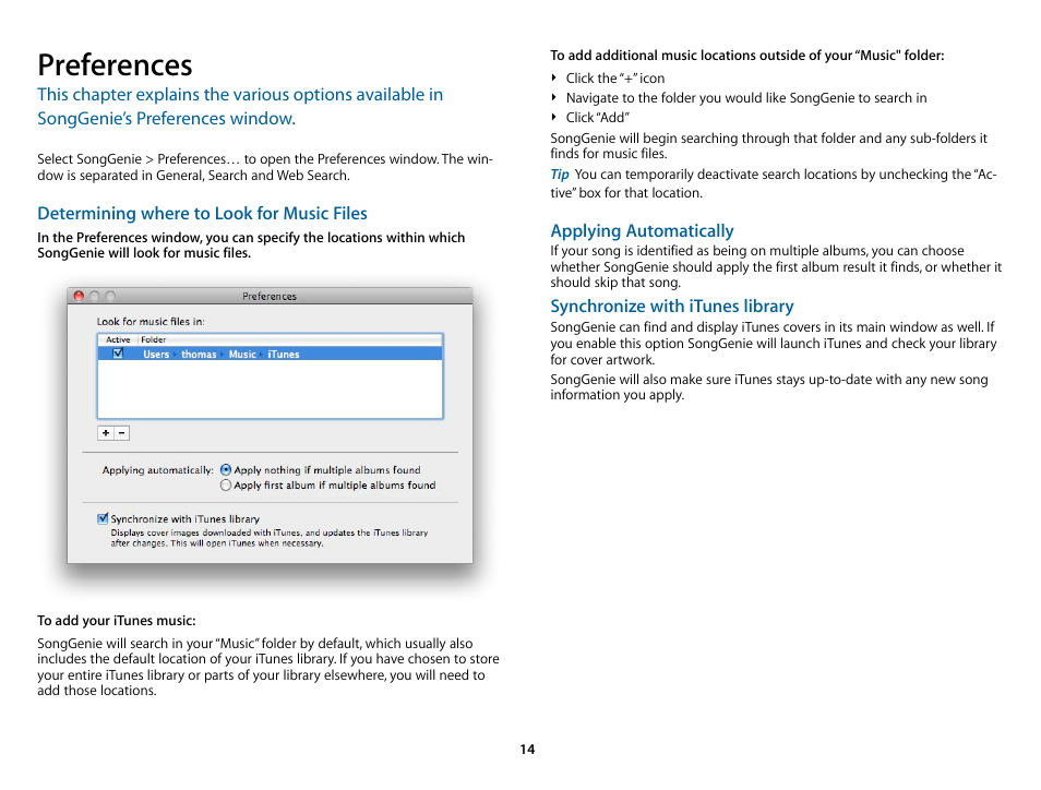 Preferences, Determining where to look for music files, Applying automatically | equinux SongGenie 1.2.1 User Manual | Page 14 / 15
