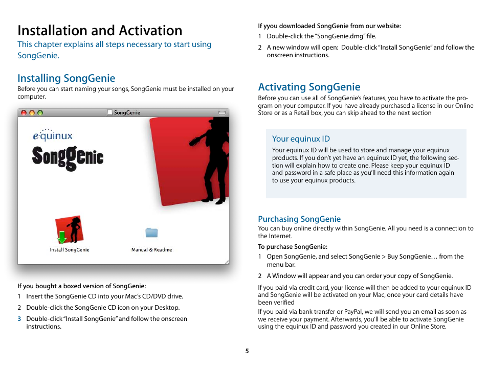 Installation and activation, Installing songgenie, Activating songgenie | Purchasing songgenie | equinux SongGenie 1.2.1 User Manual | Page 5 / 15