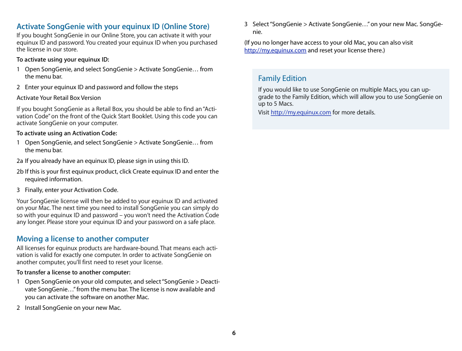 Moving a license to another computer, Family edition | equinux SongGenie 1.2.1 User Manual | Page 6 / 15