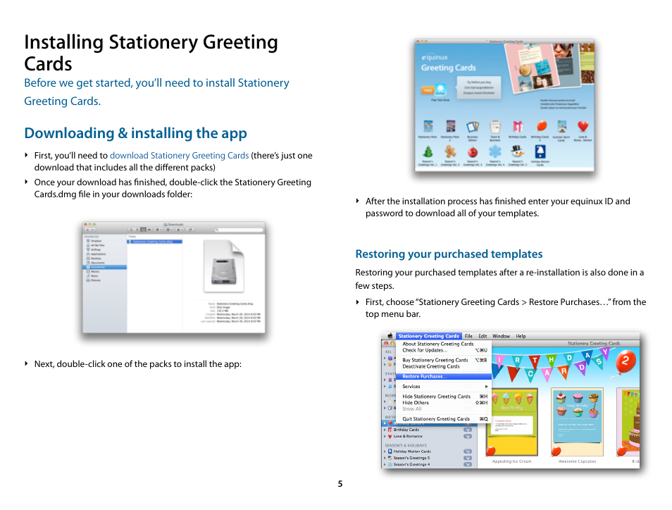 Installing stationery greeting cards, Downloading & installing the app, Restoring your purchased templates | equinux Stationery Greeting Cards 2.21.0 User Manual | Page 5 / 13