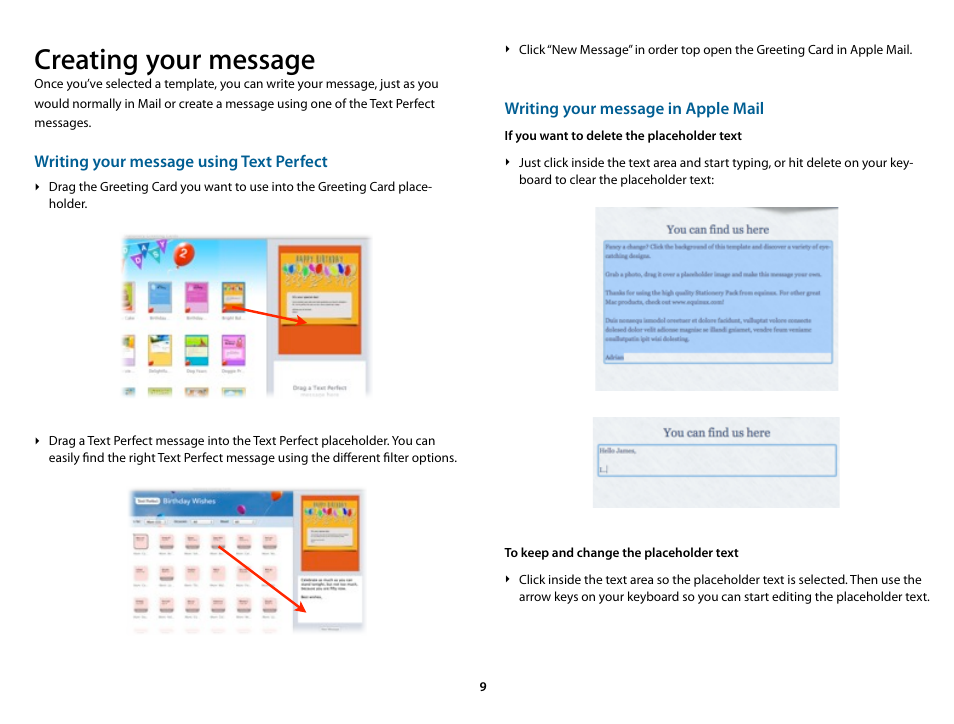 Creating your message, Writing your message using text perfect, Writing your message in apple mail | If you want to delete the placeholder text, To keep and change the placeholder text | equinux Stationery Greeting Cards 2.21.0 User Manual | Page 9 / 13