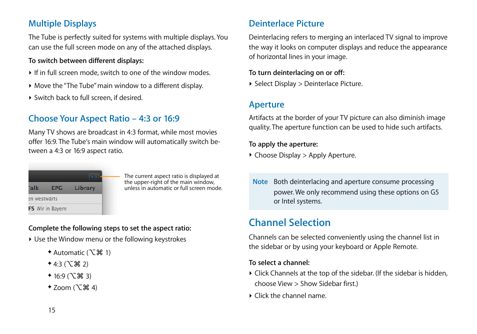 Channel selection, Multiple displays, Deinterlace picture | Aperture | equinux The Tube 2.11.4 User Manual | Page 15 / 58