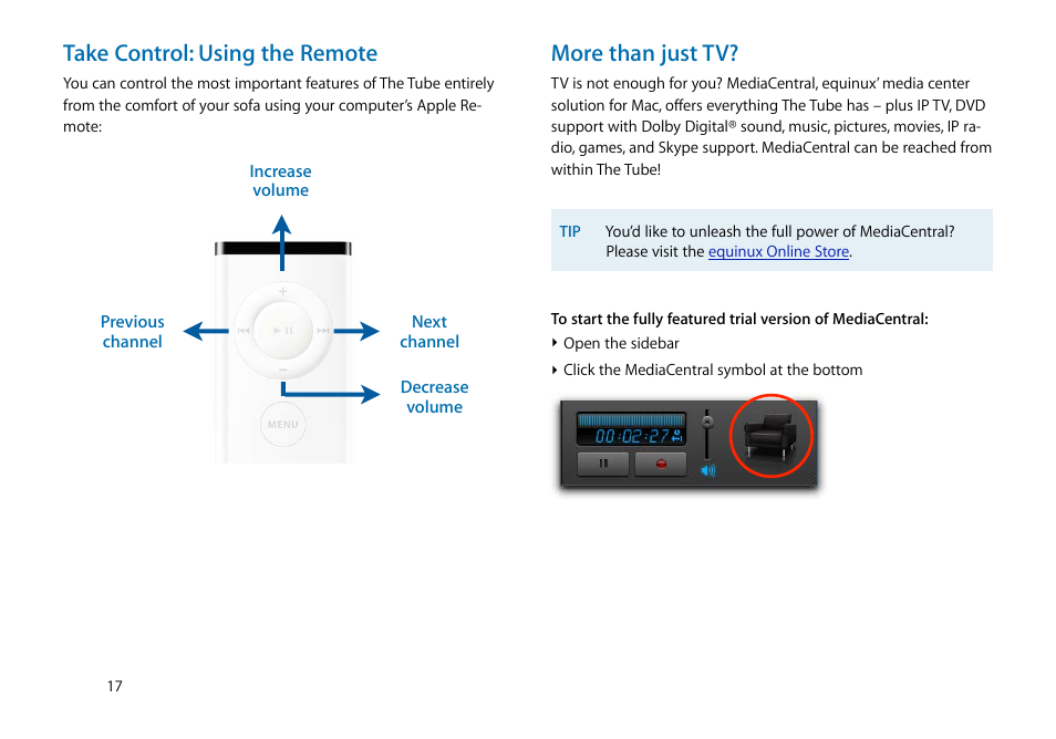 More than just tv, Take control: using the remote | equinux The Tube 2.11.4 User Manual | Page 17 / 58