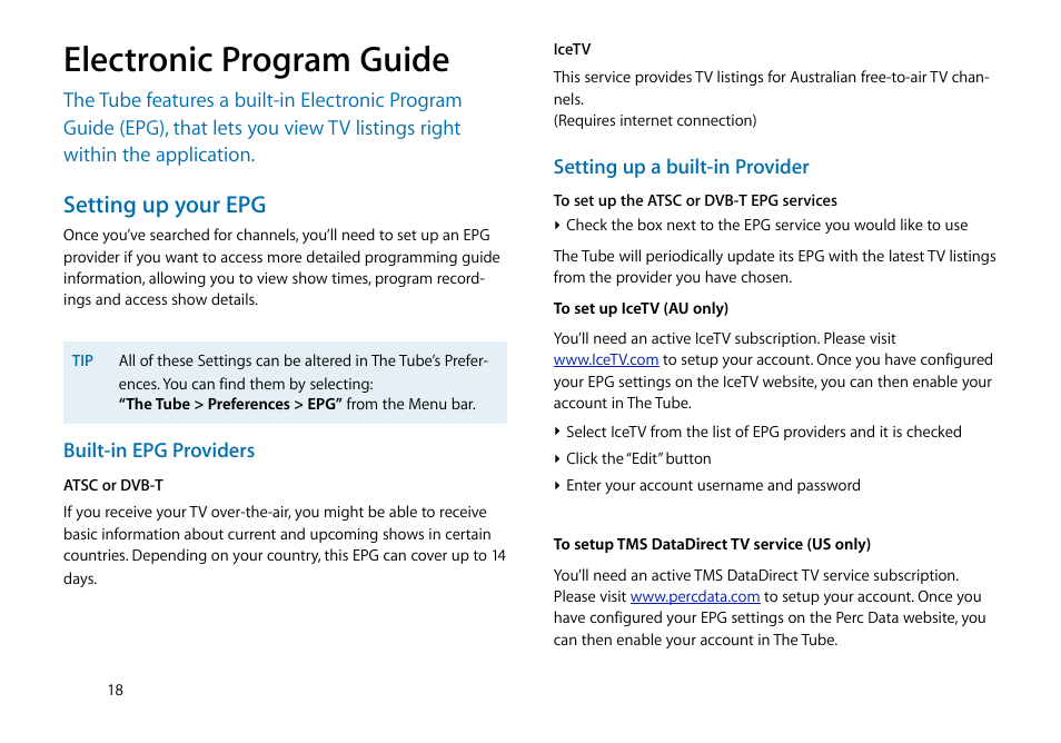 Electronic program guide, Setting up your epg | equinux The Tube 2.11.4 User Manual | Page 18 / 58