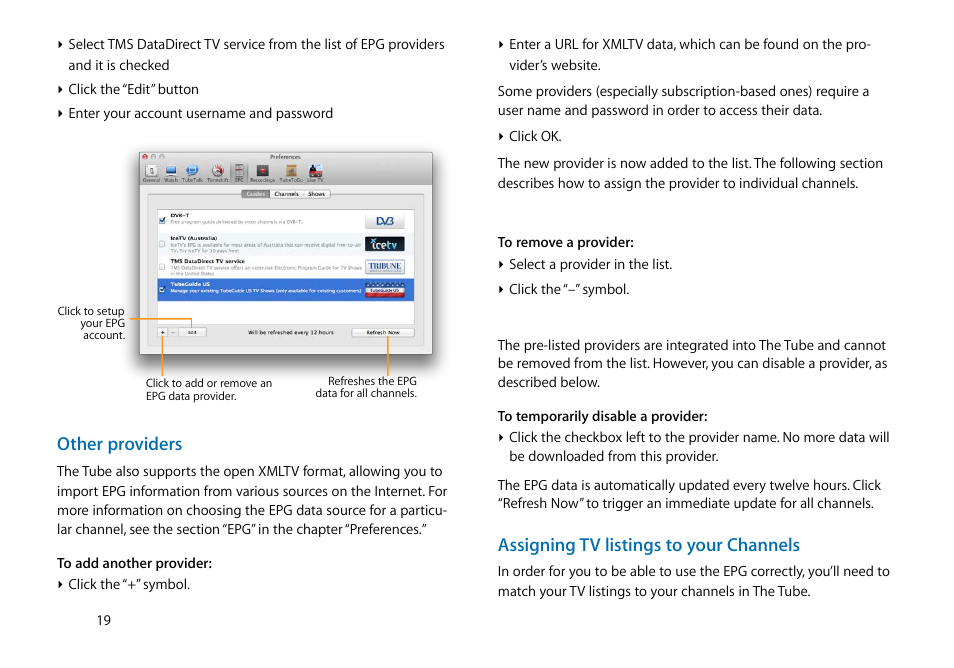 Other providers, Assigning tv listings to your channels | equinux The Tube 2.11.4 User Manual | Page 19 / 58