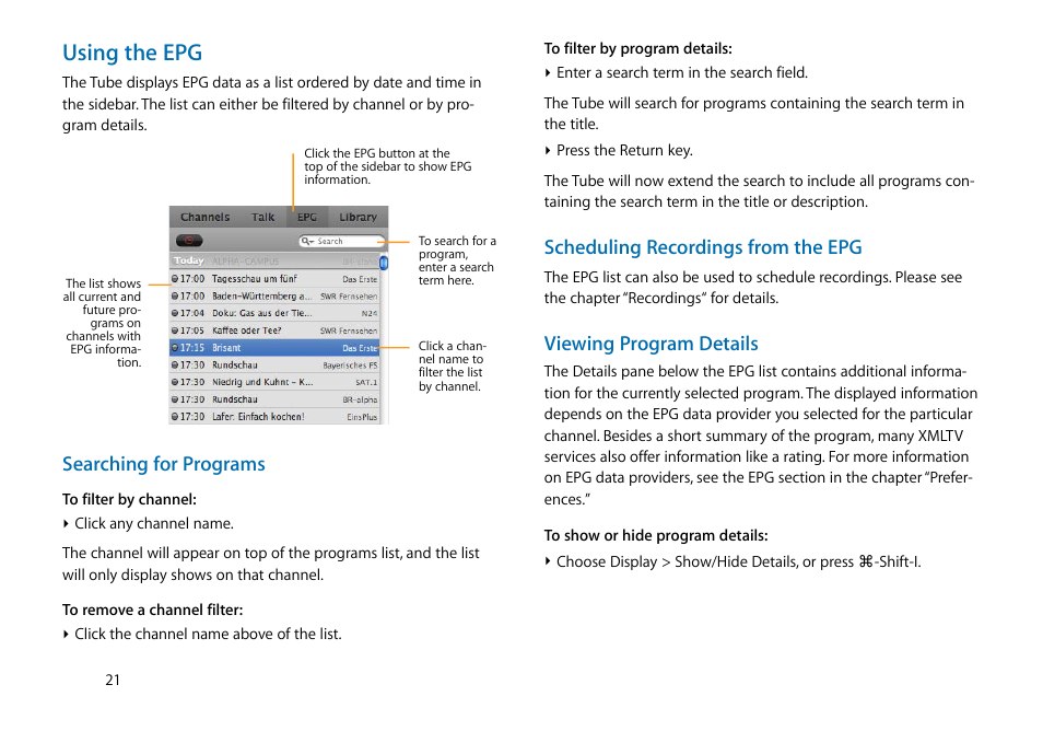 Using the epg, Searching for programs, Scheduling recordings from the epg | Viewing program details | equinux The Tube 2.11.4 User Manual | Page 21 / 58