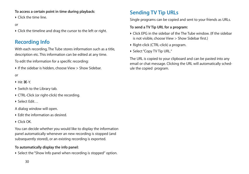 Recording info, Sending tv tip urls | equinux The Tube 2.11.4 User Manual | Page 30 / 58