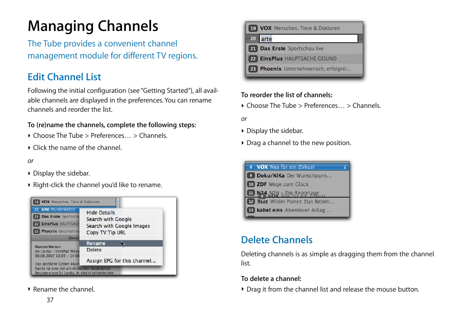 Managing channels, Edit channel list, Delete channels | equinux The Tube 2.11.4 User Manual | Page 37 / 58