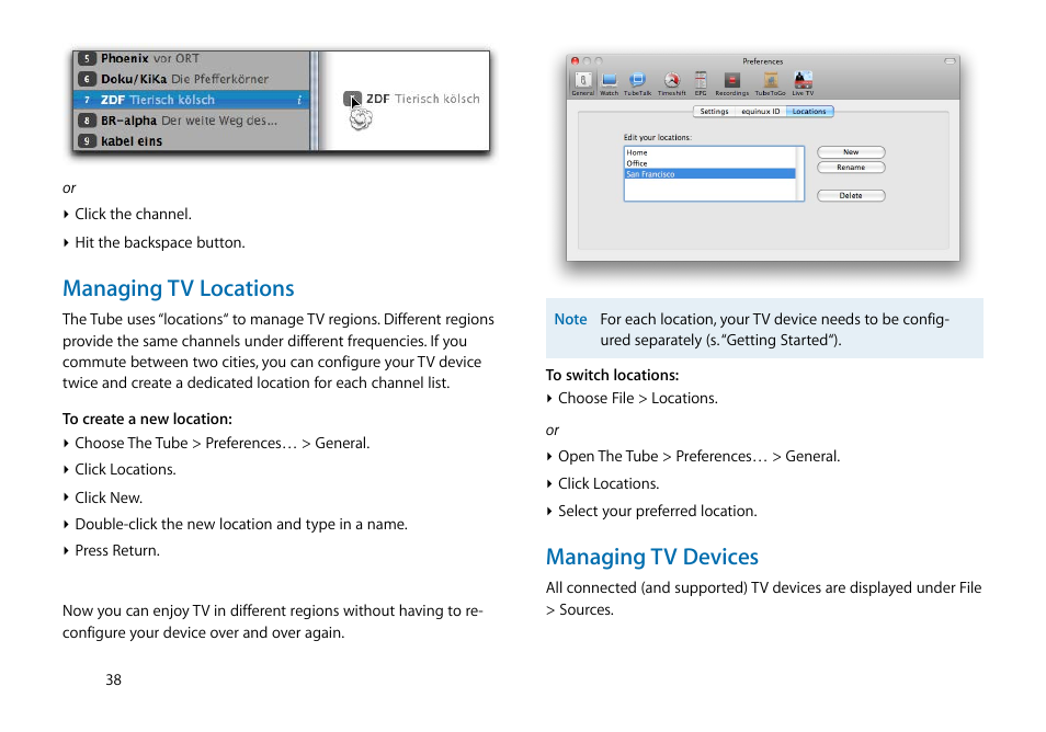 Managing tv locations, Managing tv devices | equinux The Tube 2.11.4 User Manual | Page 38 / 58