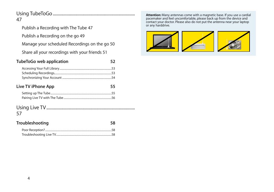 Using tubetogo 47, Using live tv 57 | equinux The Tube 2.11.4 User Manual | Page 4 / 58