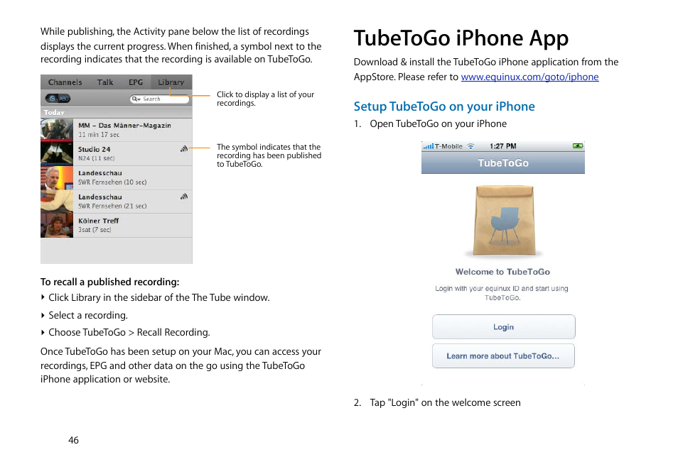 Tubetogo iphone app, Setup tubetogo on your iphone 46 | equinux The Tube 2.11.4 User Manual | Page 46 / 58