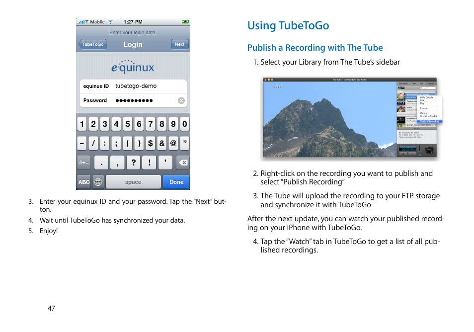 Using tubetogo, Publish a recording with the tube 47 | equinux The Tube 2.11.4 User Manual | Page 47 / 58