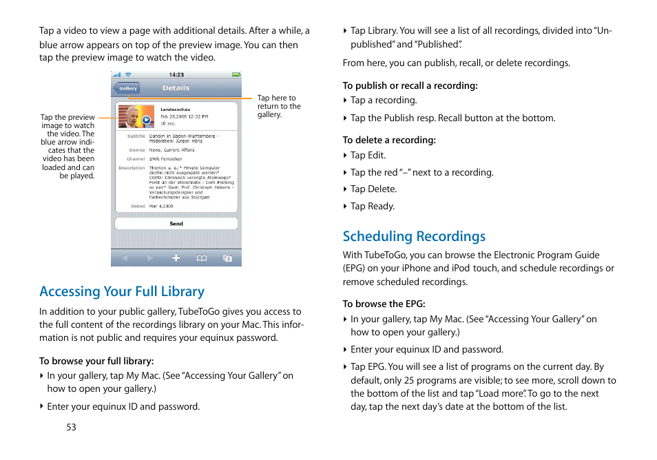 Accessing your full library, Scheduling recordings | equinux The Tube 2.11.4 User Manual | Page 53 / 58