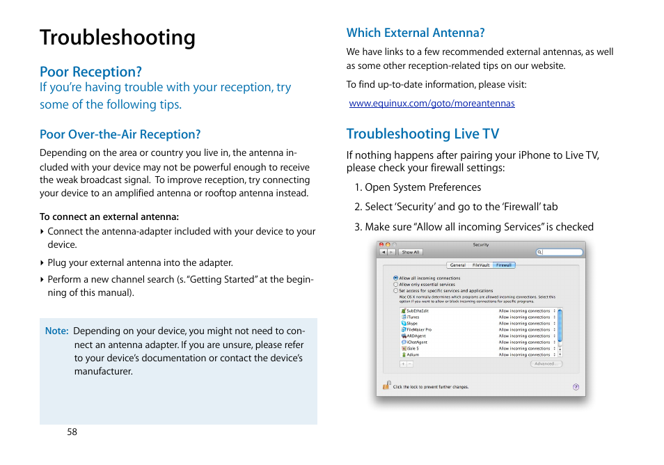 Troubleshooting, Poor reception, Troubleshooting live tv | equinux The Tube 2.11.4 User Manual | Page 58 / 58