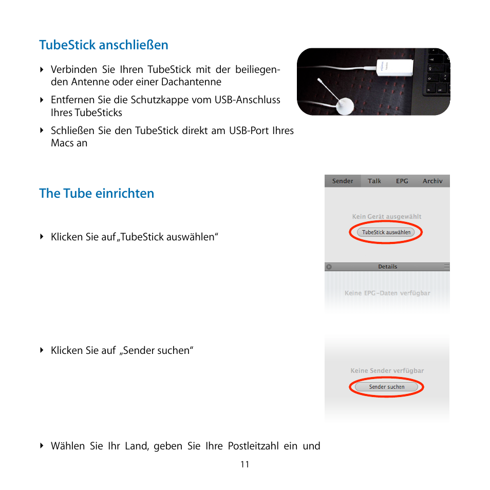 Tubestick anschließen, The tube einrichten | equinux TubeStick User Manual | Page 11 / 24