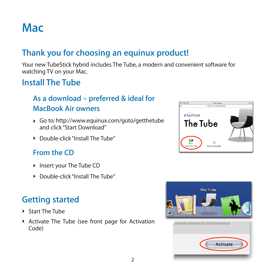 Install the tube, Getting started | equinux TubeStick Hybrid User Manual | Page 2 / 8