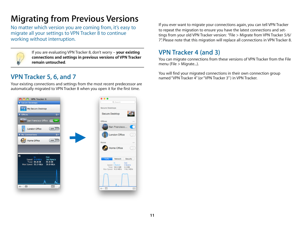 Migrating from previous versions, E of, Vpn tracker 5, 6, and 7 | Vpn tracker 4 (and 3) | equinux VPN Tracker 8.1.1 User Manual | Page 11 / 83