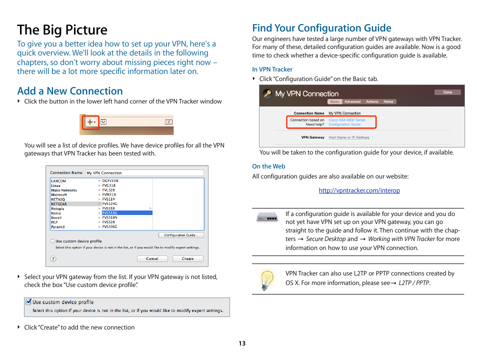 The big picture, Get connected, Getting connected | Add a new connection, Find your configuration guide | equinux VPN Tracker 8.1.1 User Manual | Page 13 / 83