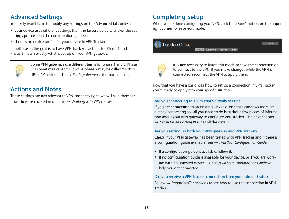 Advanced settings, Completing setup | equinux VPN Tracker 8.1.1 User Manual | Page 15 / 83