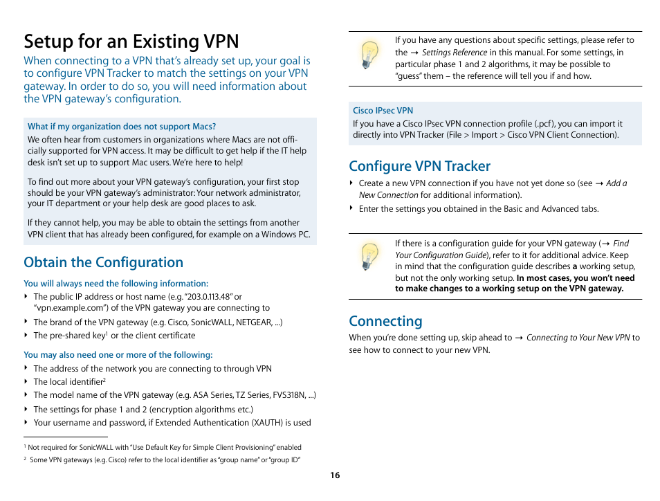 Setup for an existing vpn, Obtain the configuration, Configure vpn tracker | Connecting | equinux VPN Tracker 8.1.1 User Manual | Page 16 / 83