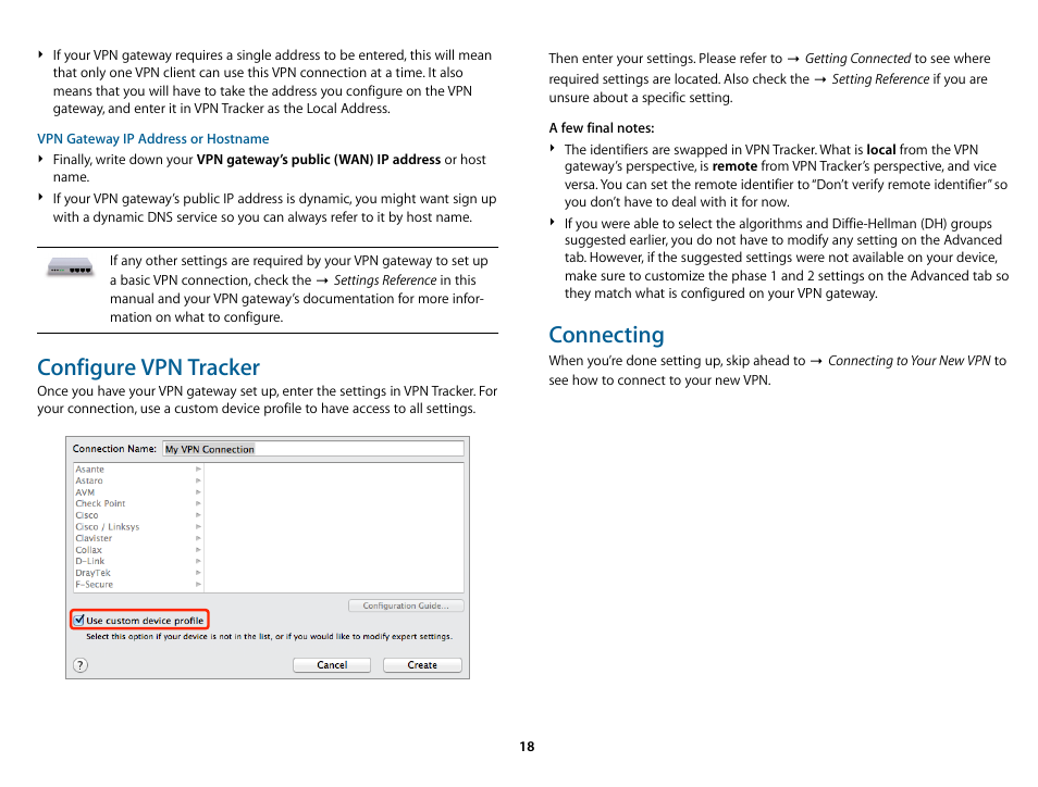 Configure vpn tracker, Connecting | equinux VPN Tracker 8.1.1 User Manual | Page 18 / 83