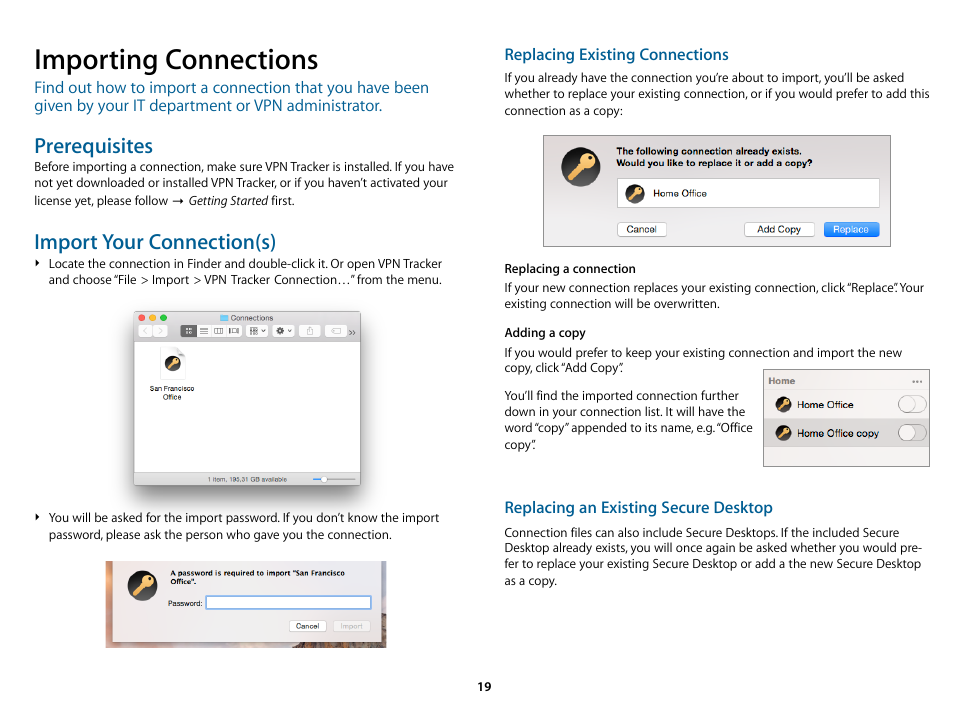 Importing connections, Importing connections t, Prerequisites | Import your connection(s) | equinux VPN Tracker 8.1.1 User Manual | Page 19 / 83