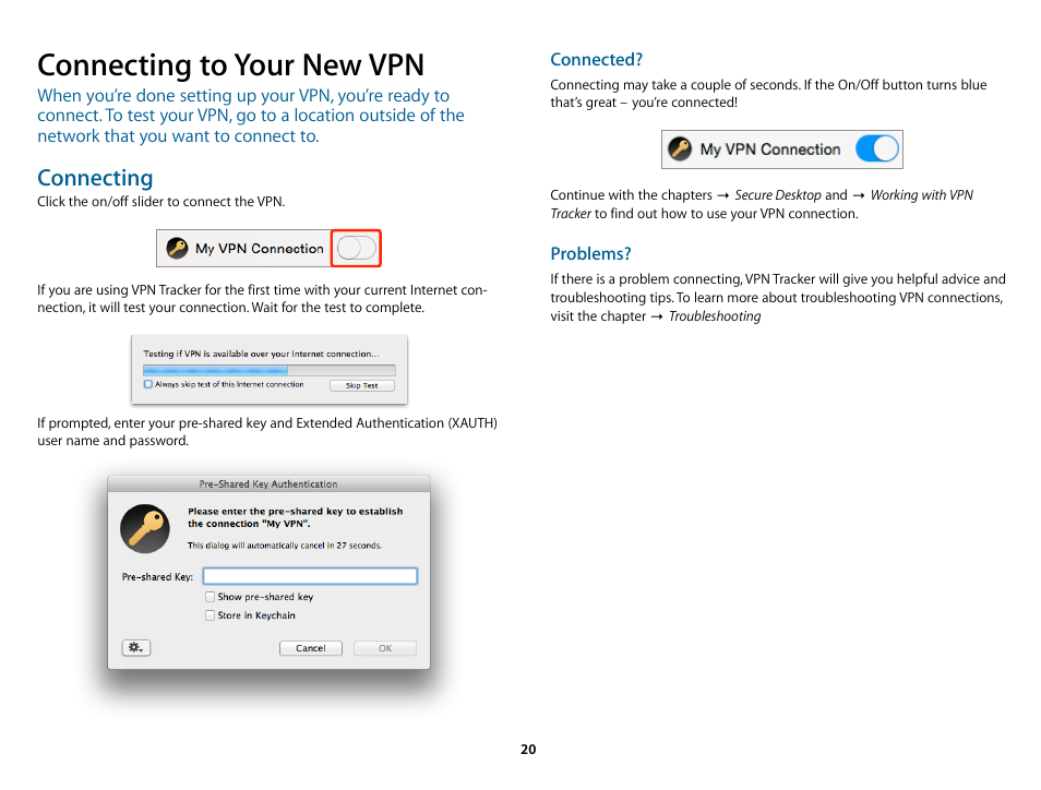 Connecting to your new vpn, Connecting | equinux VPN Tracker 8.1.1 User Manual | Page 20 / 83