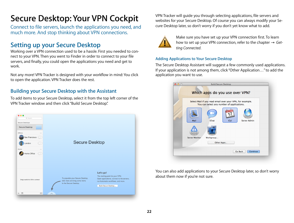 Secure desktop: your vpn cockpit, E with → secure desktop, Setting up your secure desktop | equinux VPN Tracker 8.1.1 User Manual | Page 22 / 83