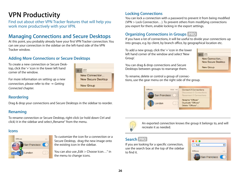Vpn productivity, Managing connections and secure desktops | equinux VPN Tracker 8.1.1 User Manual | Page 26 / 83