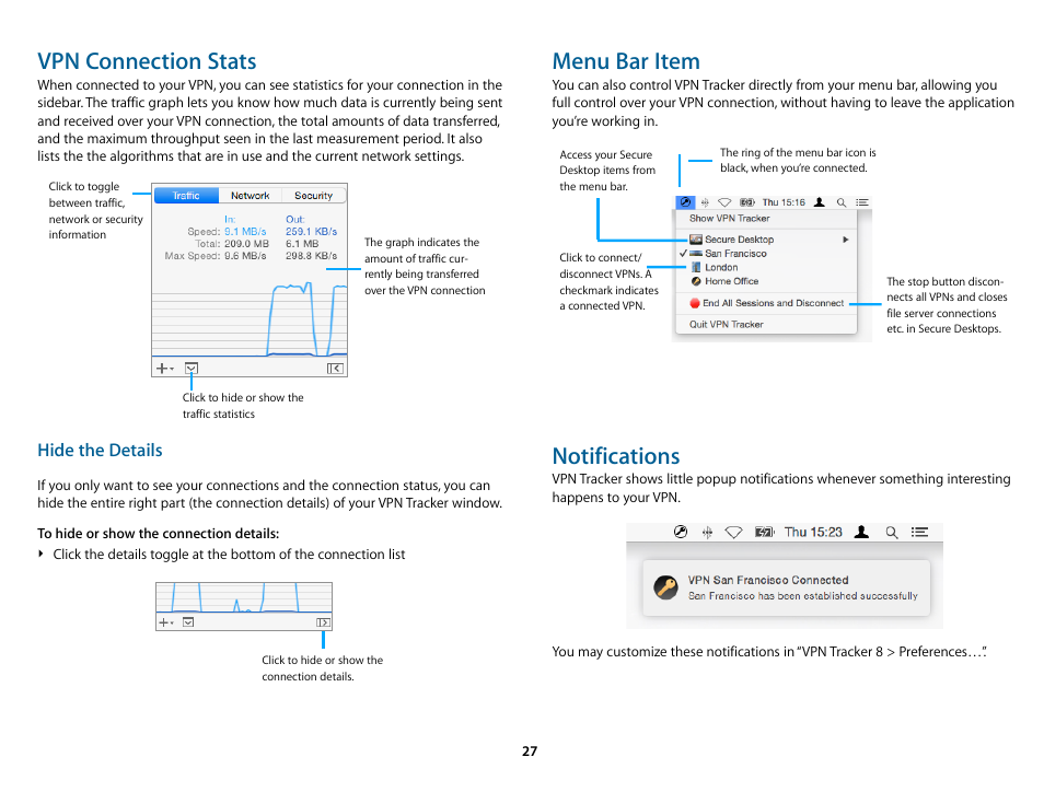 Vpn connection stats, Menu bar item, Notifications | Hide the details | equinux VPN Tracker 8.1.1 User Manual | Page 27 / 83