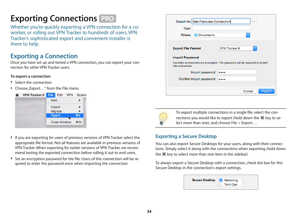 Exporting connections, Or others in → exporting connections, Exporting a connection | equinux VPN Tracker 8.1.1 User Manual | Page 34 / 83