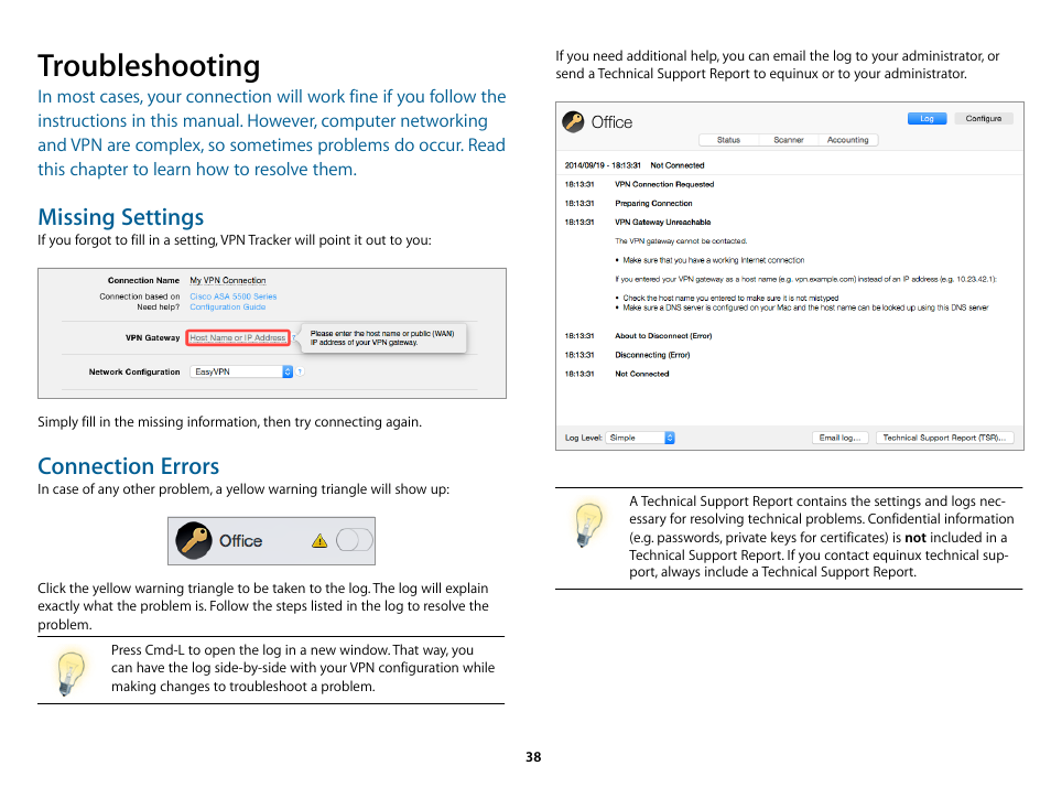 Troubleshooting, Trouble, Shooting f | Missing settings, Connection errors | equinux VPN Tracker 8.1.1 User Manual | Page 38 / 83