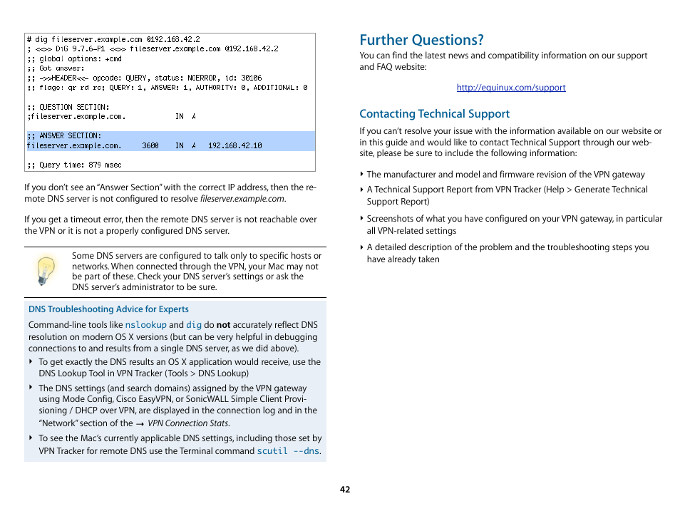 Further questions, Contacting technical support | equinux VPN Tracker 8.1.1 User Manual | Page 42 / 83