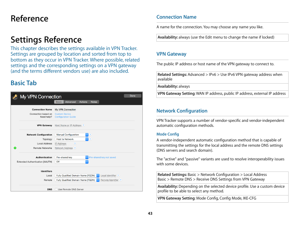 Reference, Settings reference, Basic tab | Se the → settings reference, Heck out the, Settings reference in this manual, Connecting to your new vpn t, Settings reference in this, Setting reference if y, Reference settings reference | equinux VPN Tracker 8.1.1 User Manual | Page 43 / 83