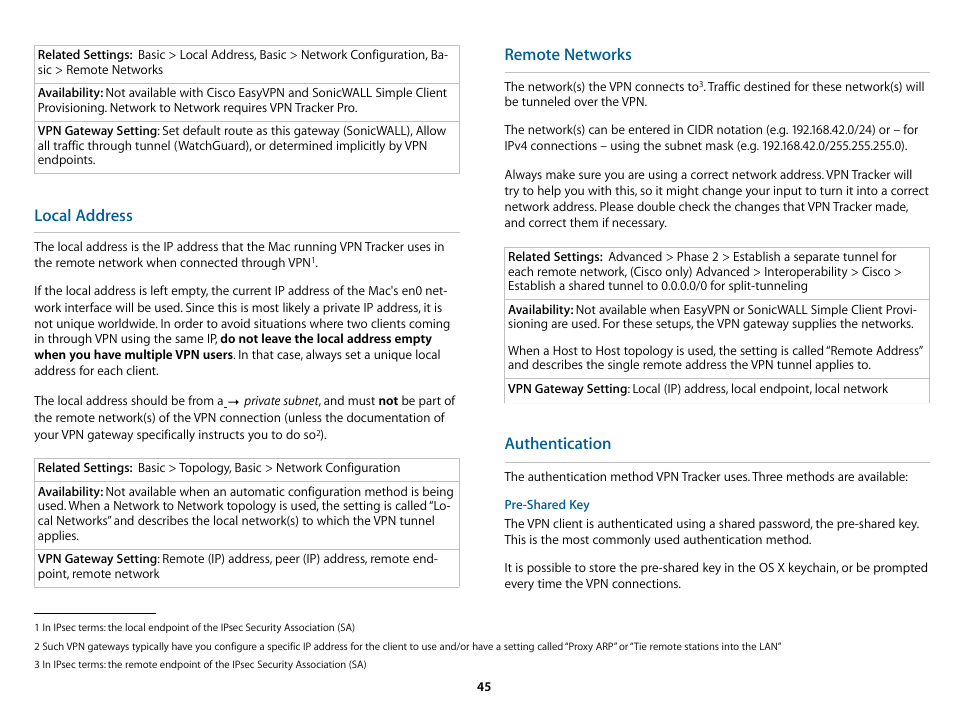 Local address, Remote networks, Authentication | equinux VPN Tracker 8.1.1 User Manual | Page 45 / 83