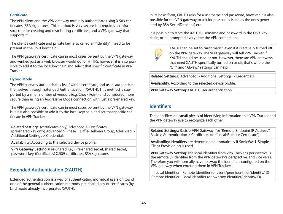 Extended authentication (xauth), Identifiers | equinux VPN Tracker 8.1.1 User Manual | Page 46 / 83