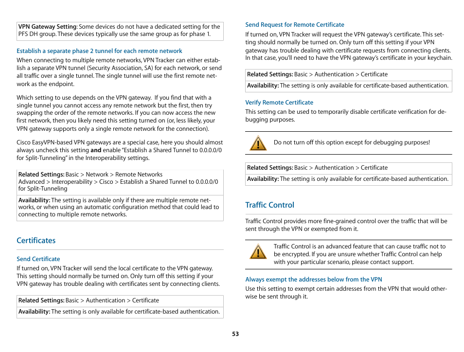 Certificates, Traffic control | equinux VPN Tracker 8.1.1 User Manual | Page 53 / 83