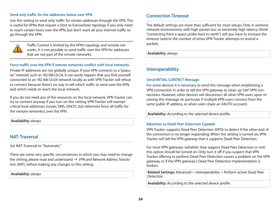 Nat-traversal, Connection timeout, Interoperability | equinux VPN Tracker 8.1.1 User Manual | Page 54 / 83