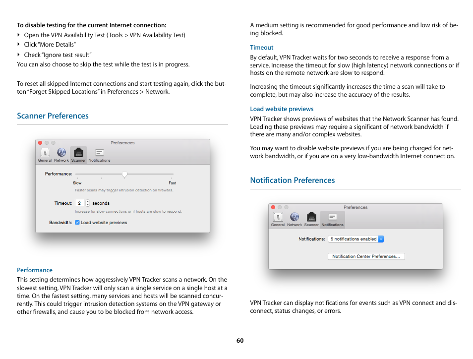 Scanner preferences, Notification preferences | equinux VPN Tracker 8.1.1 User Manual | Page 60 / 83