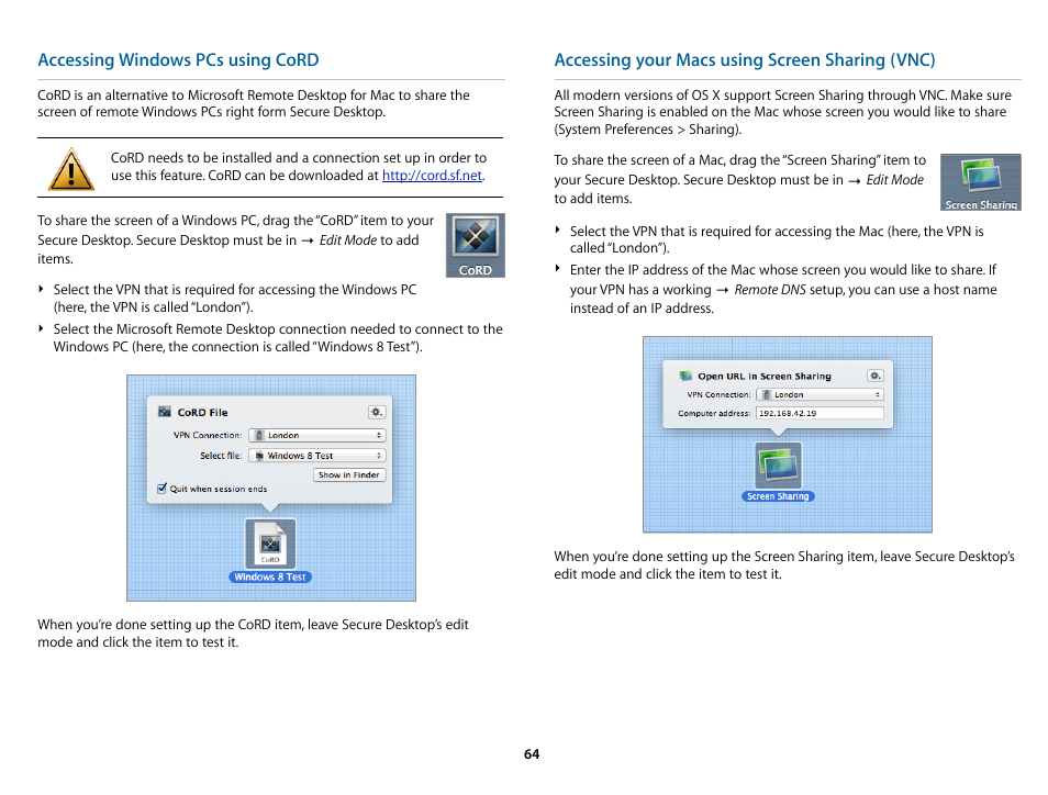 Accessing windows pcs using cord, Accessing your macs using screen sharing (vnc) | equinux VPN Tracker 8.1.1 User Manual | Page 64 / 83