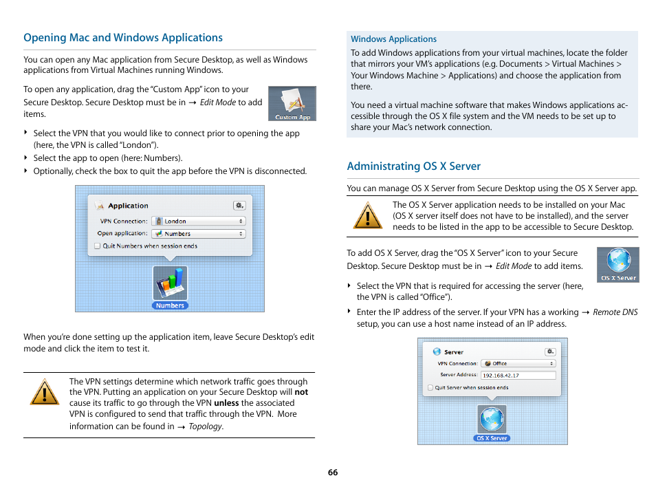 Opening mac and windows applications, Administrating os x server | equinux VPN Tracker 8.1.1 User Manual | Page 66 / 83