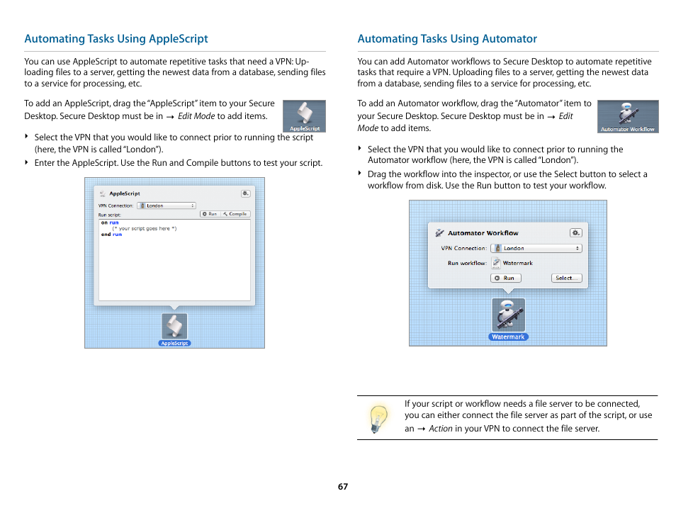 Automating tasks using applescript, Automating tasks using automator | equinux VPN Tracker 8.1.1 User Manual | Page 67 / 83