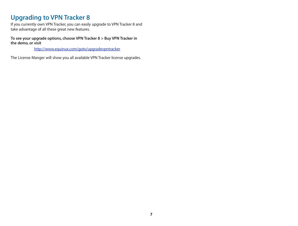 O → upgrade your license and ho, Upgrading to vpn tracker 8 | equinux VPN Tracker 8.1.1 User Manual | Page 7 / 83